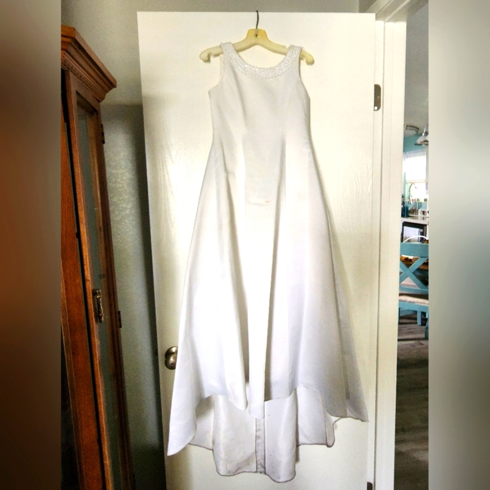 David’s Bridal dress with train and pearls.